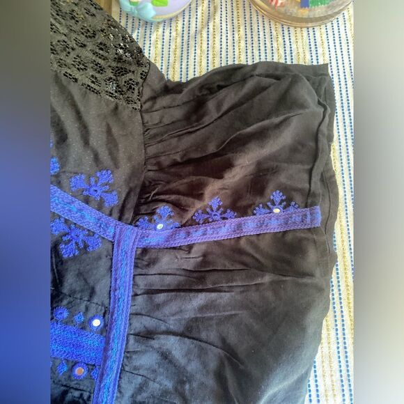 Free People Boogie All Night Blouse Black Blue Long Sleeve Lace Embroidery Sz SP - Picture 14 of 17